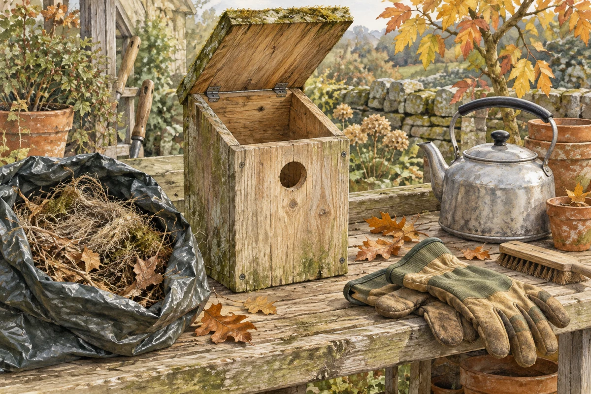 Illustration: Cleaning an empty nest box in autumn